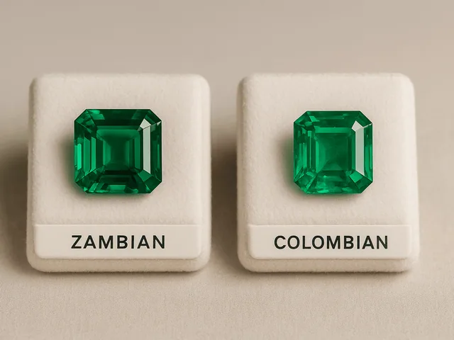 A side-by-side image of two emeralds on plush trays: the left stone, labelled “Zambian,” displays a deep bluish-green hue, while the right stone, labelled “Colombian,” shows a warmer, vivid green tone, illustrating the subtle differences in origin.