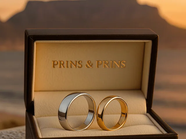 A platinum wedding band and a yellow gold wedding band rest together in a Prins & Prins branded jewellery box, with Cape Town’s Table Mountain softly glowing in the golden sunset background.