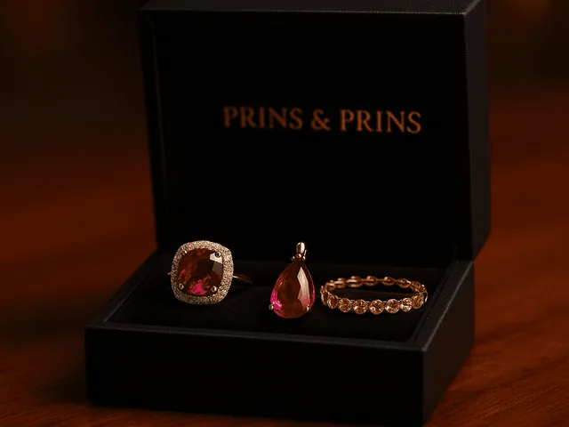 A Prins & Prins branded jewellery box on a polished wooden surface, displaying a red spinel ring, a vivid rubellite pendant, and a golden chrysoberyl bracelet under warm boutique lighting.