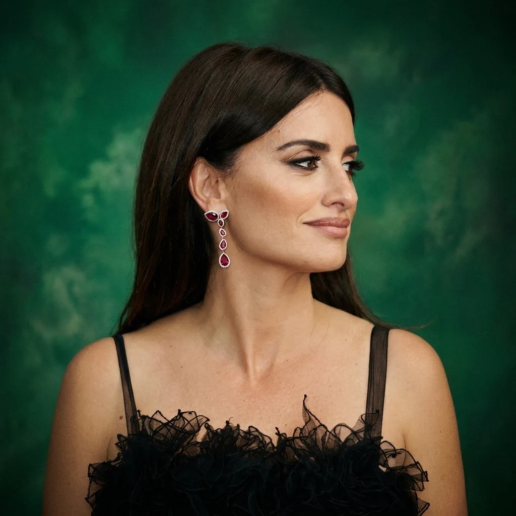 A woman wearing ruby and diamond drop earrings by Prins and Prins