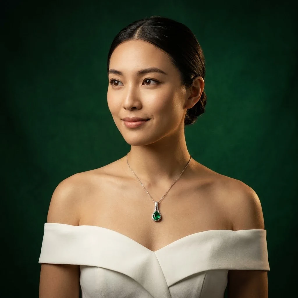 A woman wearing an emerald and diamond pendant necklace by Prins and Prins