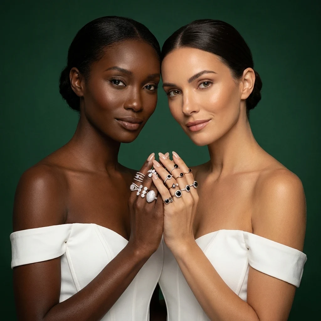 Two women wearing multiple rings and bracelets from the Prins and Prins collection