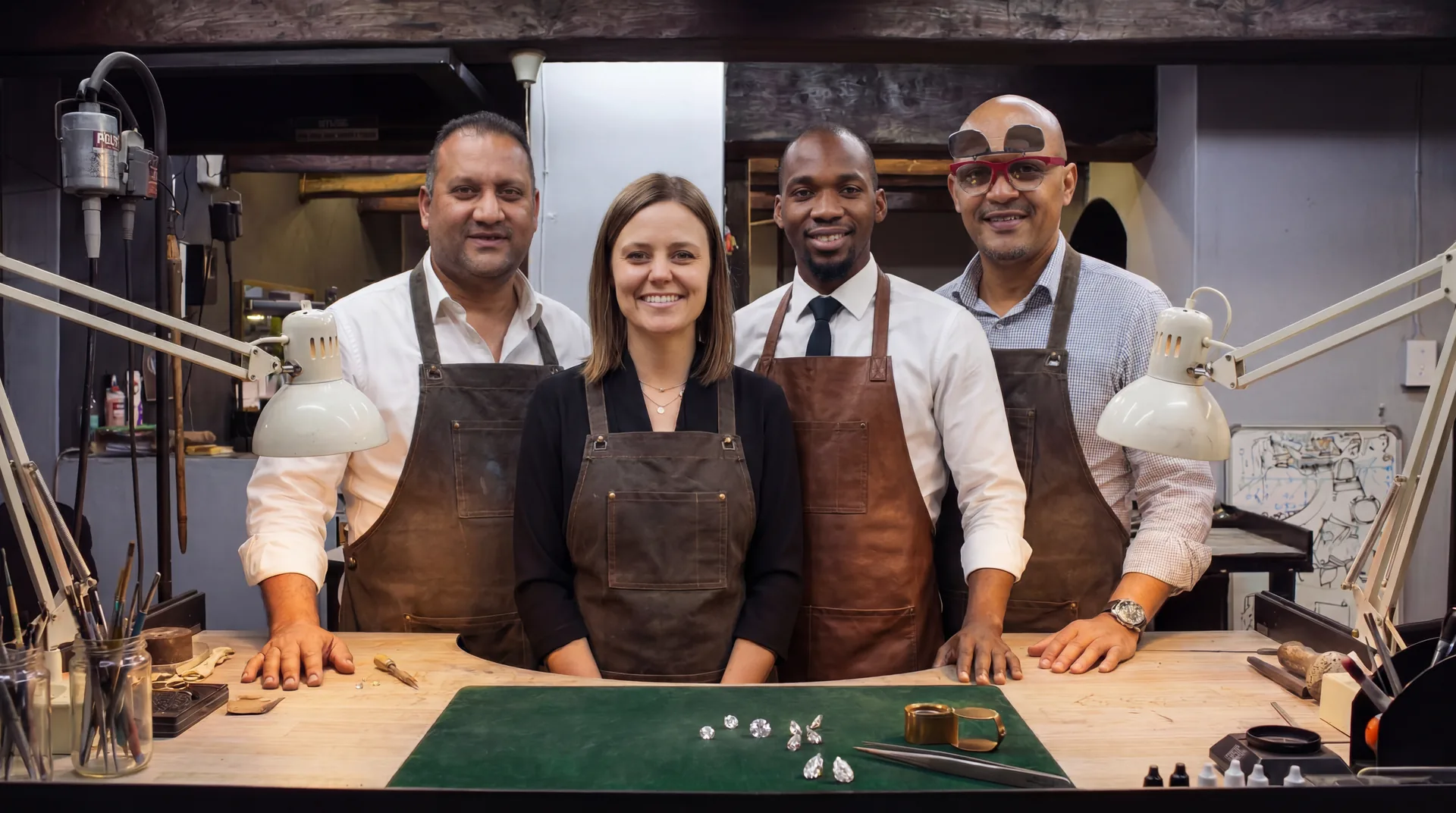 The Prins and Prins goldsmiths and gemmologist standing together at the workshop bench, with loose diamonds and a finished ring laid out before them