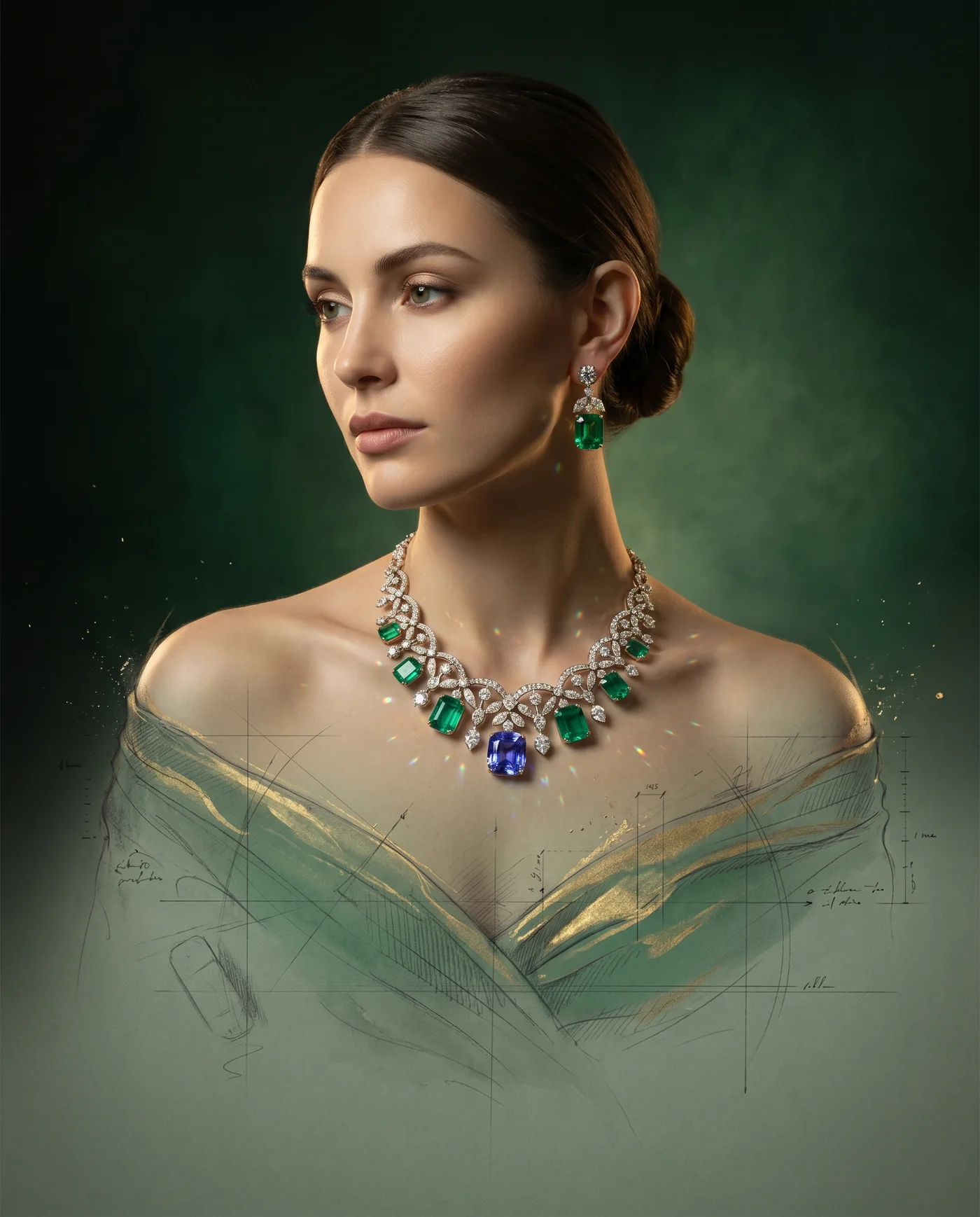 A bespoke Prins and Prins diamond, emerald and tanzanite necklace and earrings emerging from a hand-drawn atelier design sketch