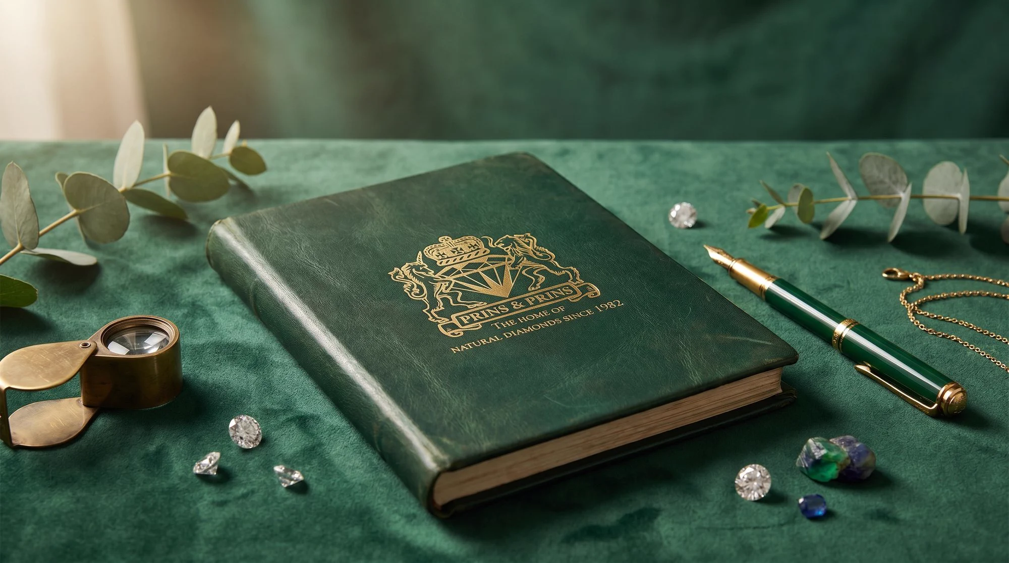The Prins & Prins house journal, bound in green leather with the gold house crest, beside a loupe, fountain pen and loose diamonds