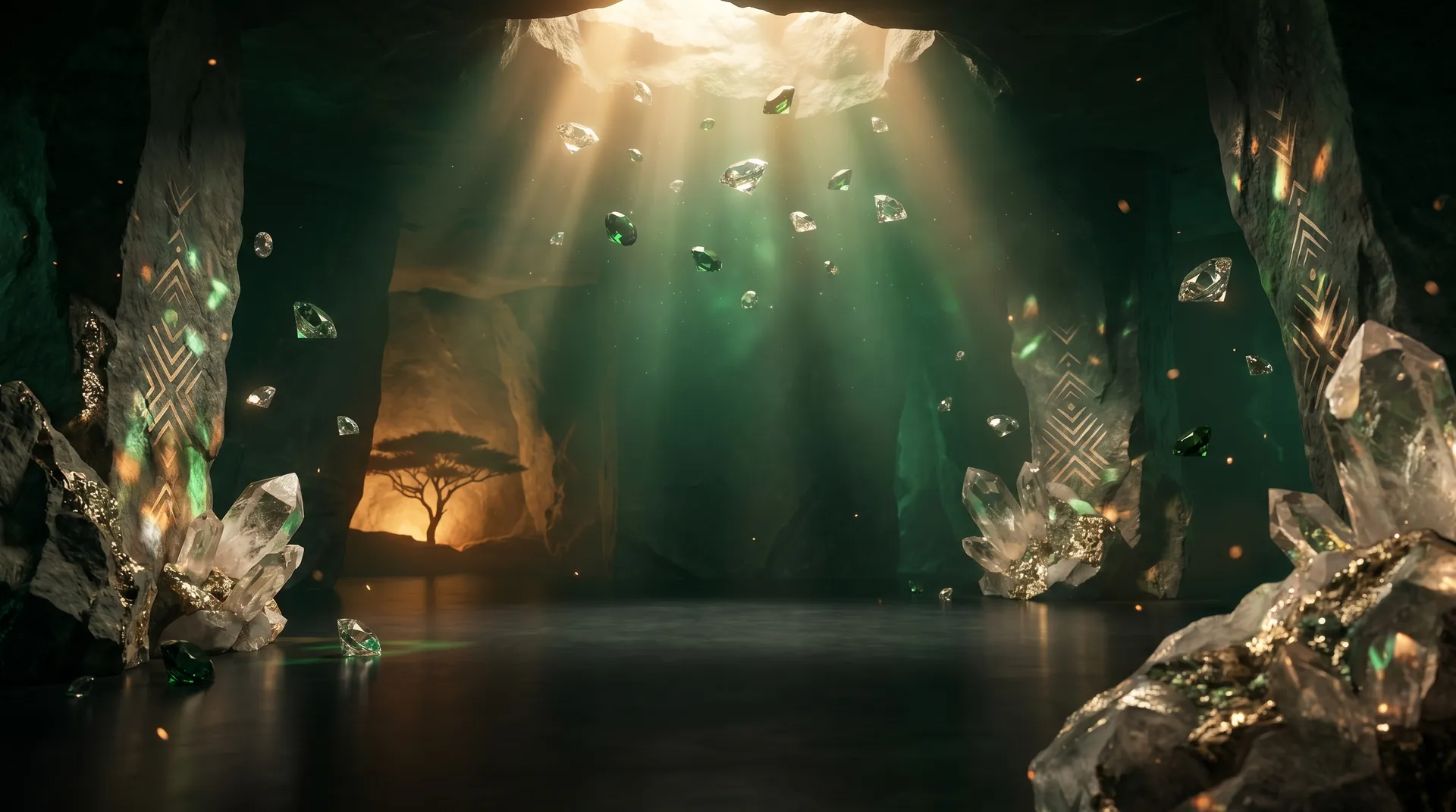 Illustration of a cave lit from above, its walls carved with cross hatched patterns, with quartz crystals and cut gemstones caught in the light