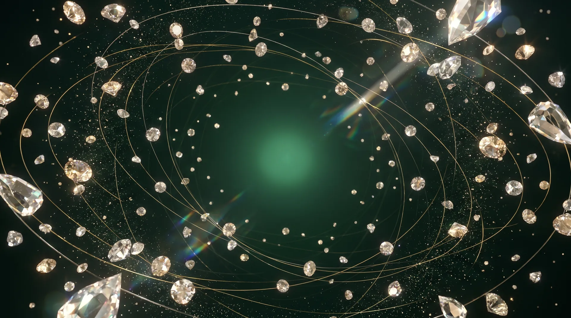 Illustration of cut gemstones scattered along golden orbits against a dark green, starry sky