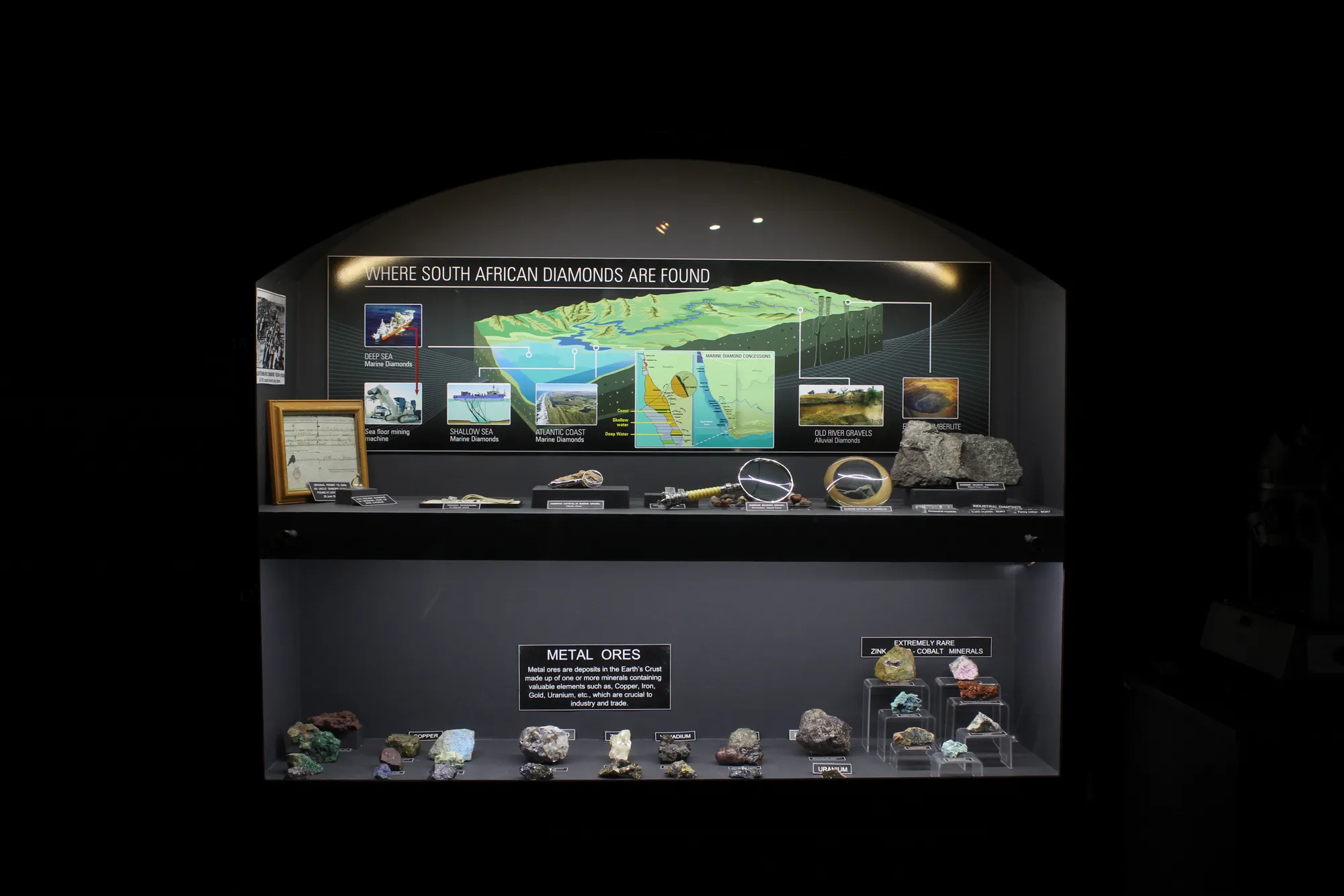 The 'Where South African Diamonds Are Found' display in the museum showing the four routes to surface, deep-sea mining, marine diamonds, alluvial old river gravels, and extinct kimberlite volcanoes
