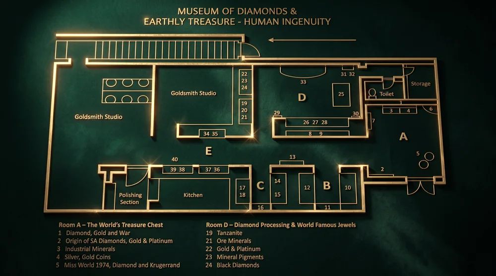 Floor plan of the Museum of Diamonds and Earthly Treasure at Huguenot House, showing Rooms A to E, the Goldsmith Studio and Polishing Section.