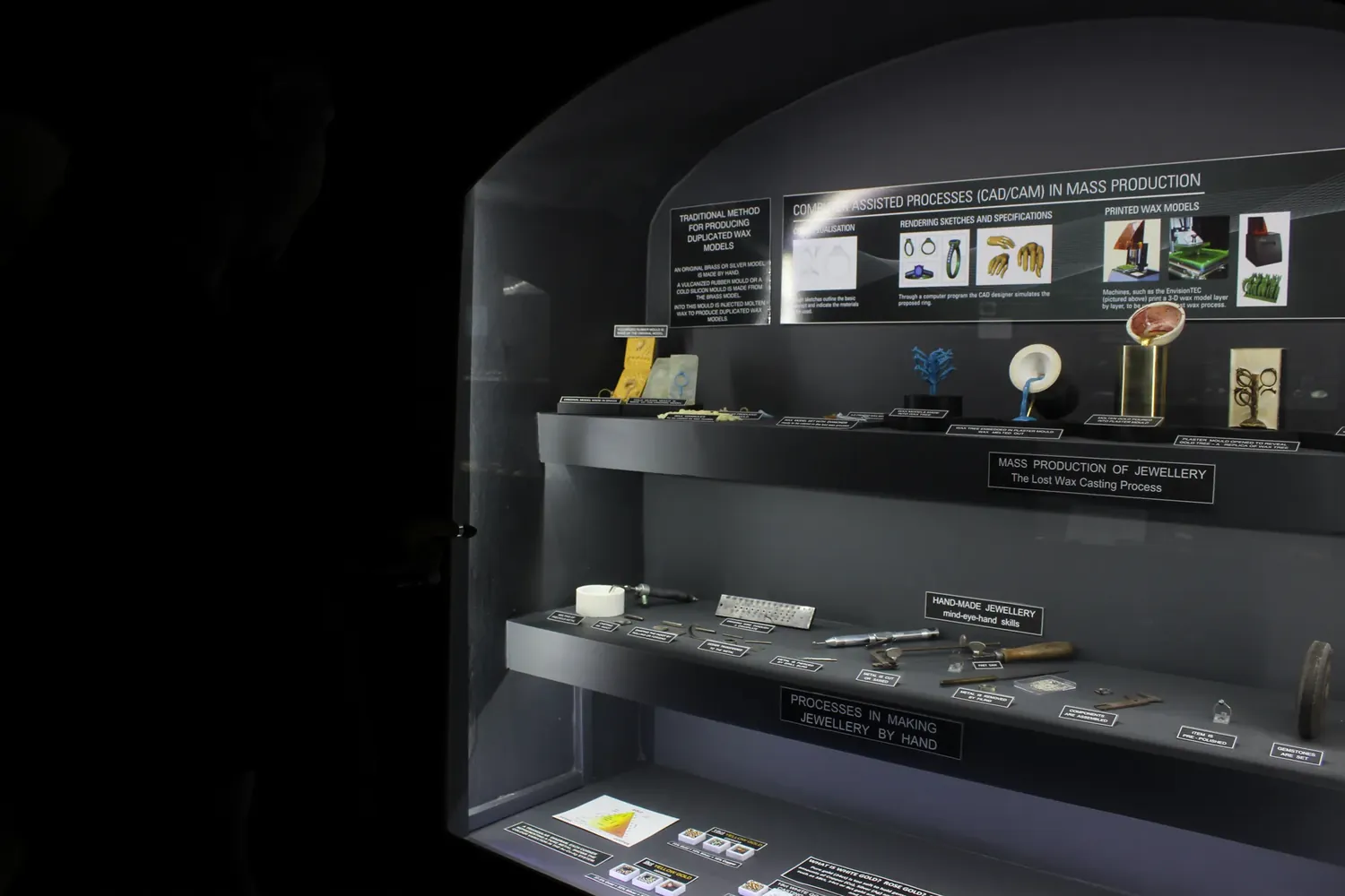 The Making Jewellery cabinet in the museum: the lost-wax casting process from CAD render through 3-D printed wax model, wax tree, plaster mould, molten gold pour and final polished ring, shown alongside the hand-made jewellery shelf with goldsmith's drawplate, files and tools