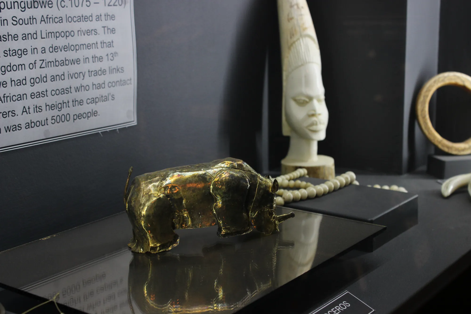 The Mapungubwe gold rhinoceros replica in the museum, alongside an ivory carved head and the heritage plaque describing the Limpopo iron-age kingdom