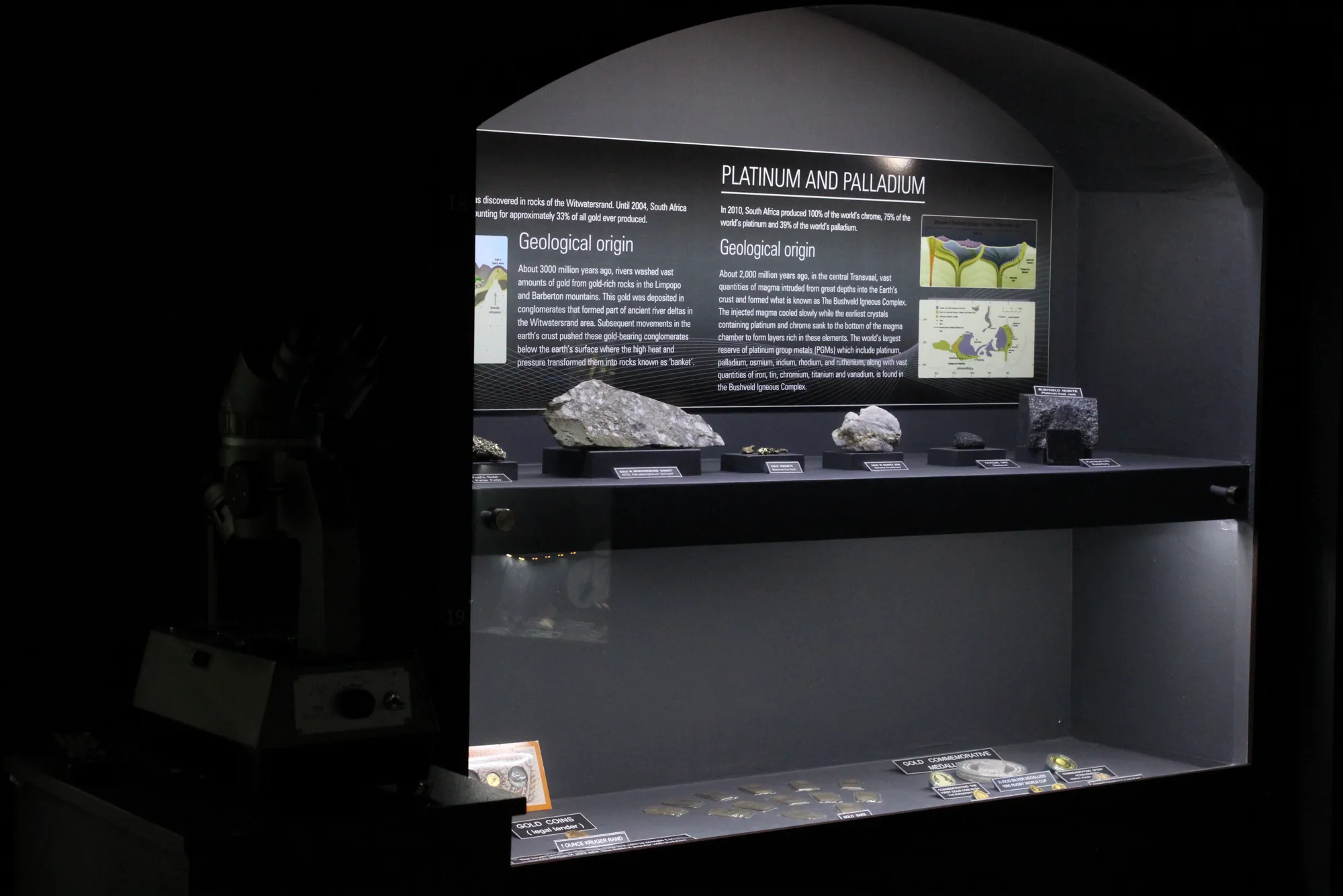 The Platinum and Palladium geological-origin display in the museum, with rock specimens from the Bushveld Igneous Complex and Witwatersrand 'banket'