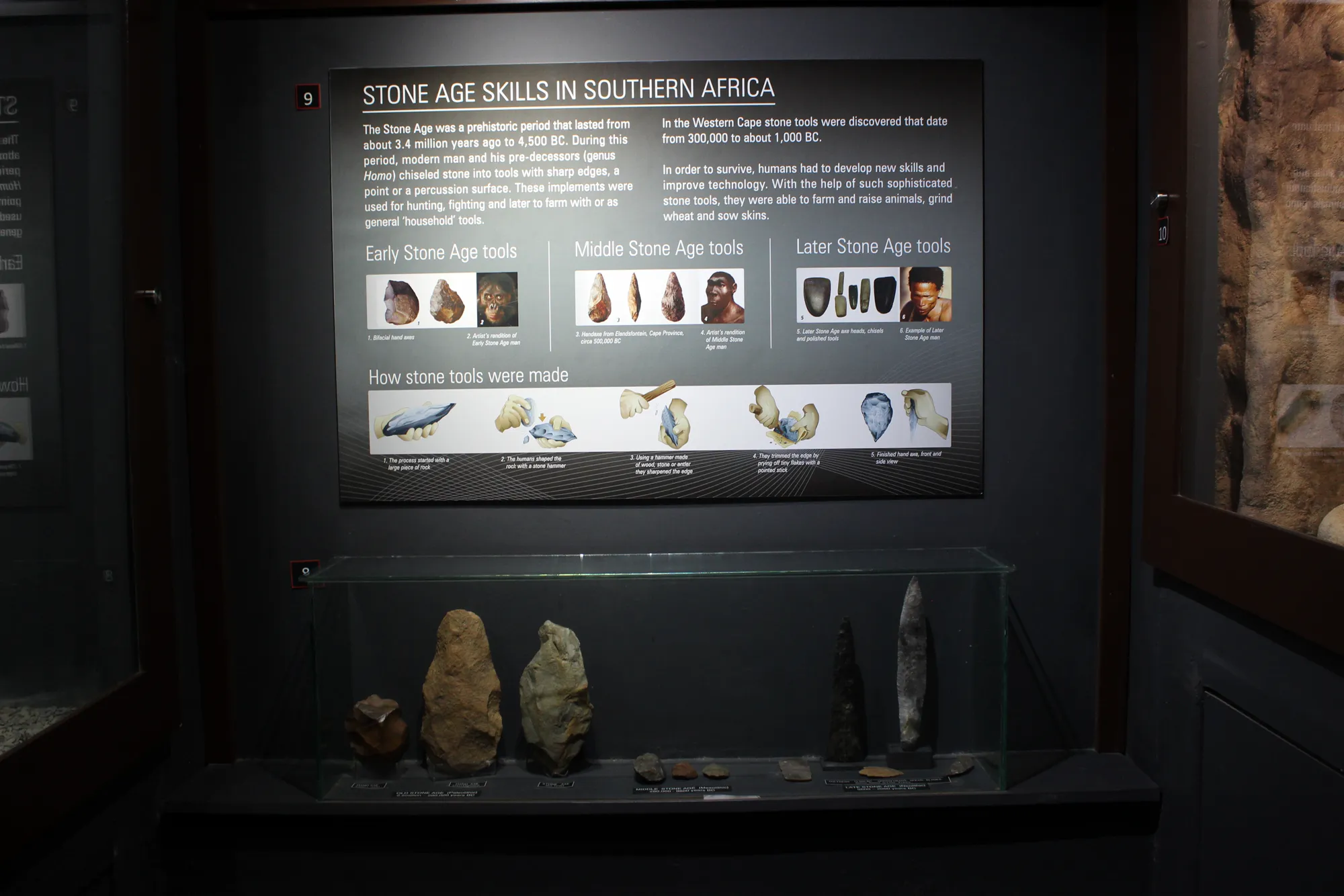 Stone Age tools display in the Prins and Prins museum: early, middle and later Stone Age hand axes, chisels and polished stone implements from the Western Cape