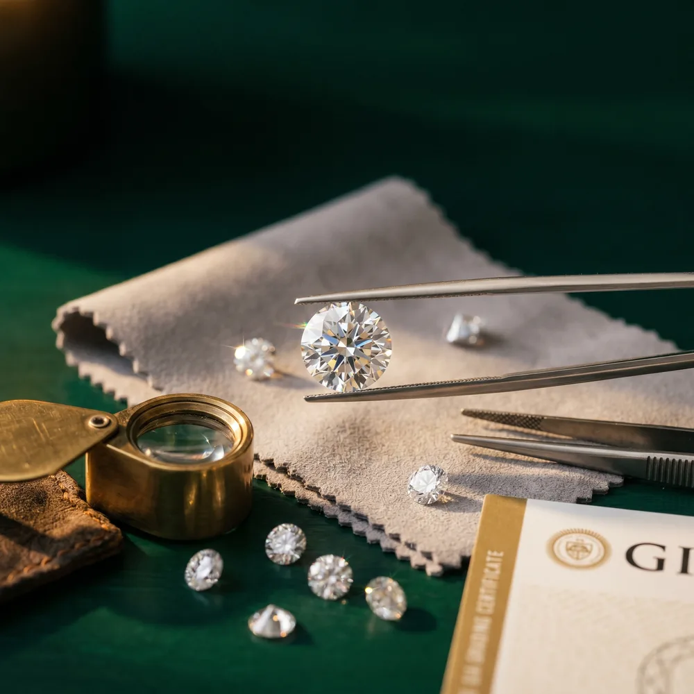 A loose diamond held in tweezers beside a loupe and a GIA grading certificate