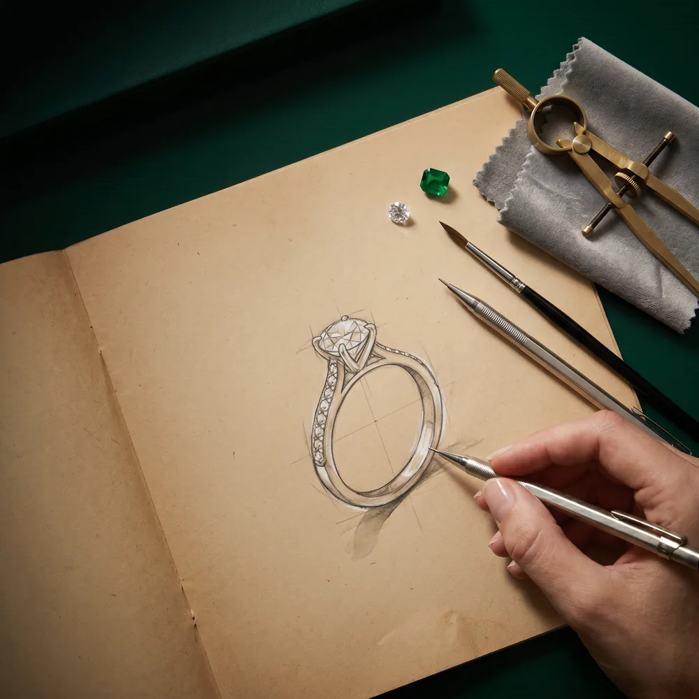 A hand-drawn pencil sketch of a solitaire ring beside a loose diamond and an emerald