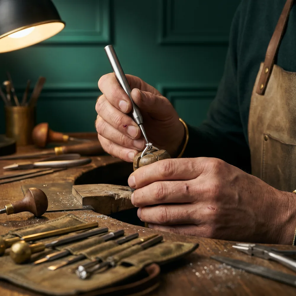 A goldsmith setting a diamond into a ring at the workshop bench