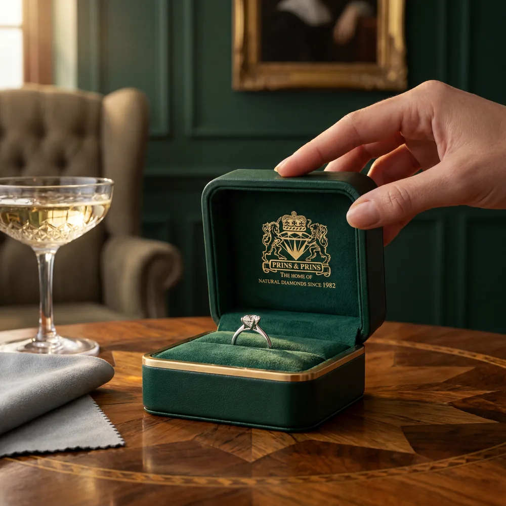 A diamond solitaire presented in a green Prins and Prins ring box