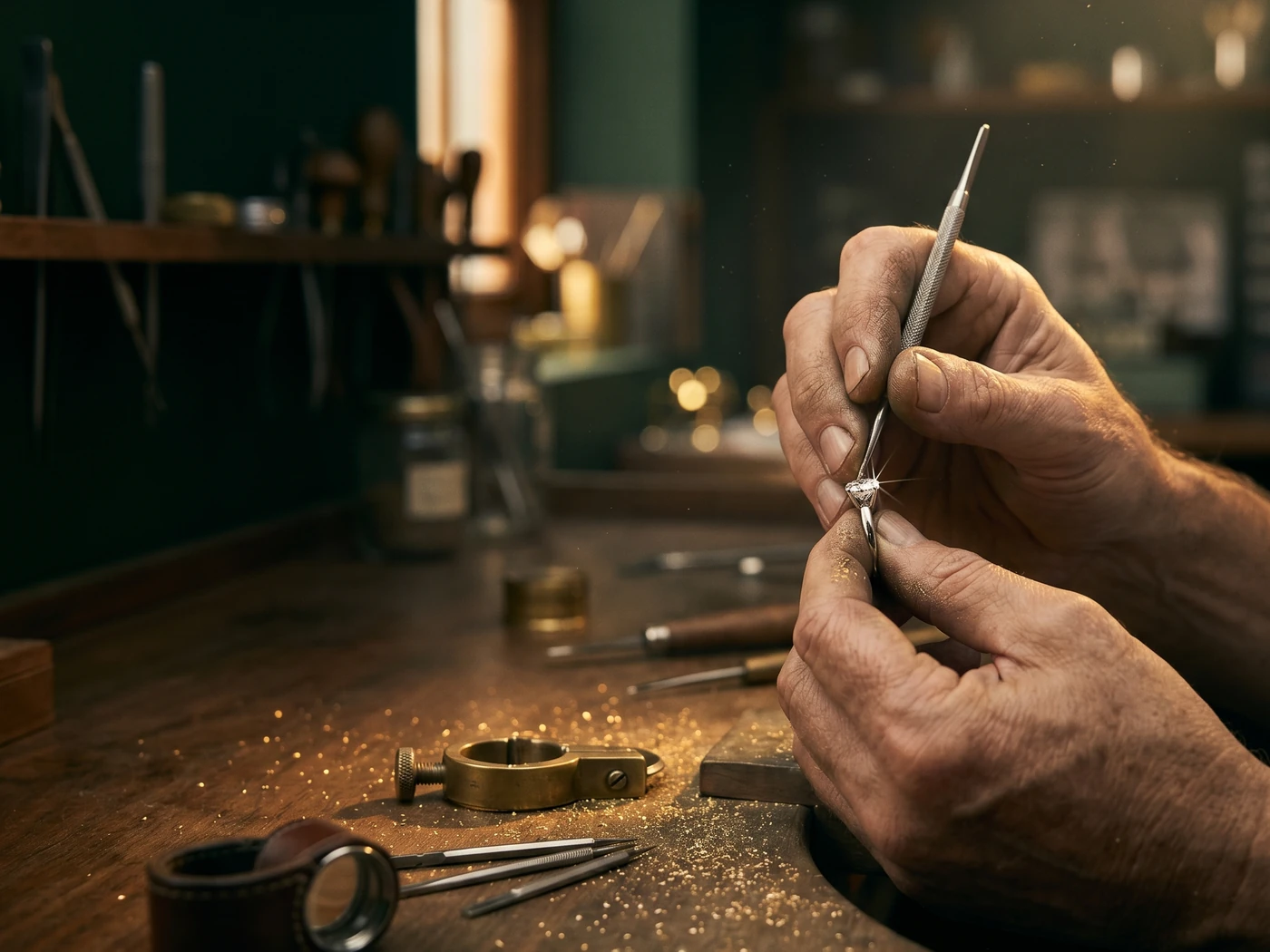 A goldsmith setting a diamond at the bench in the Aurum Art Atelier, Cape Town