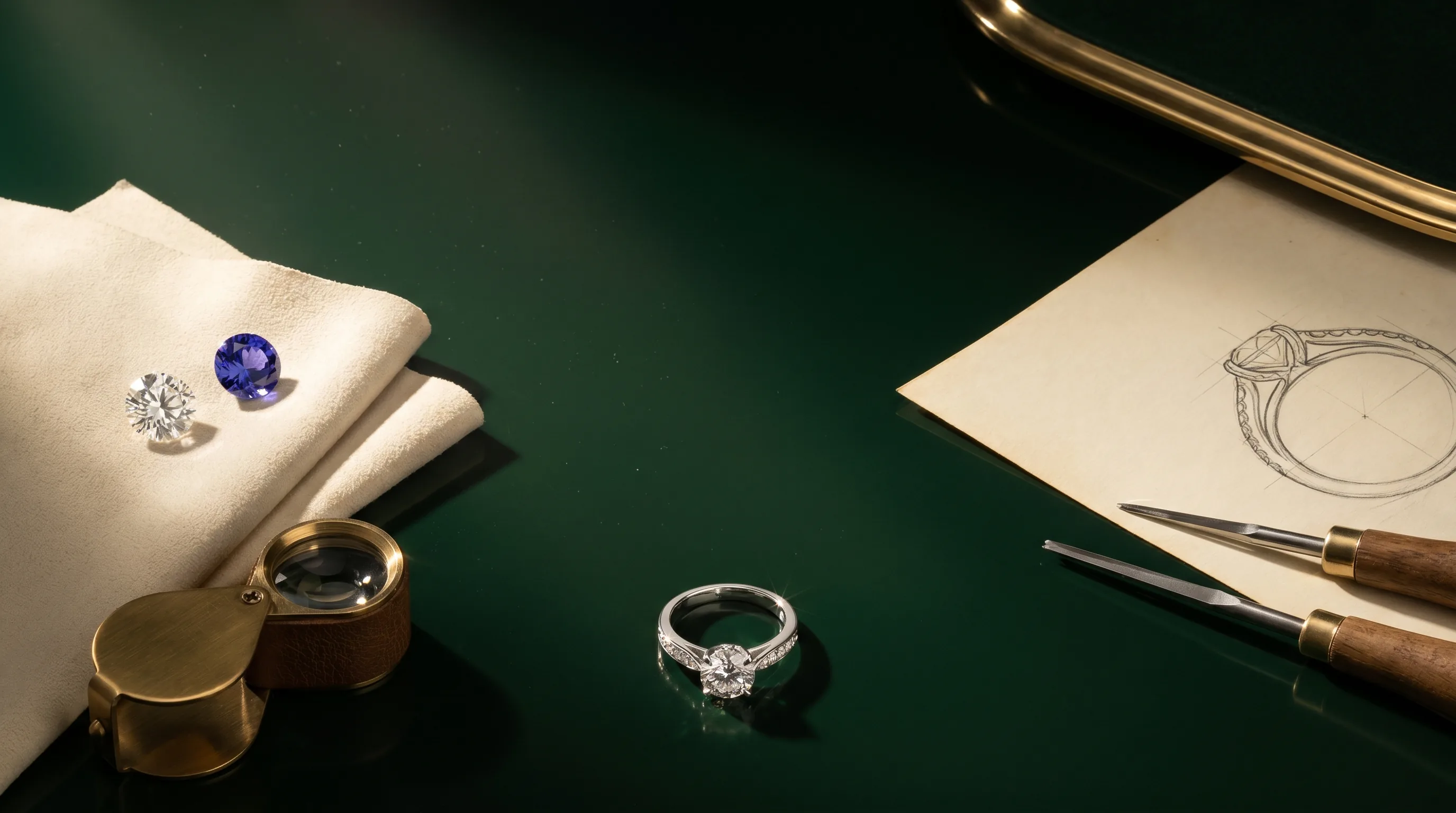 A diamond, a tanzanite, a jeweller's loupe, a platinum solitaire ring and a ring design sketch arranged on a deep emerald jeweller's bench at Prins and Prins, Cape Town