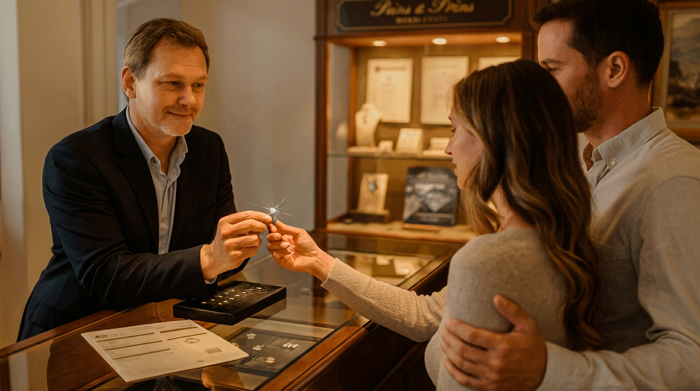 A couple being shown a diamond ring across the counter by a Prins and Prins consultant inside Huguenot House, Cape Town