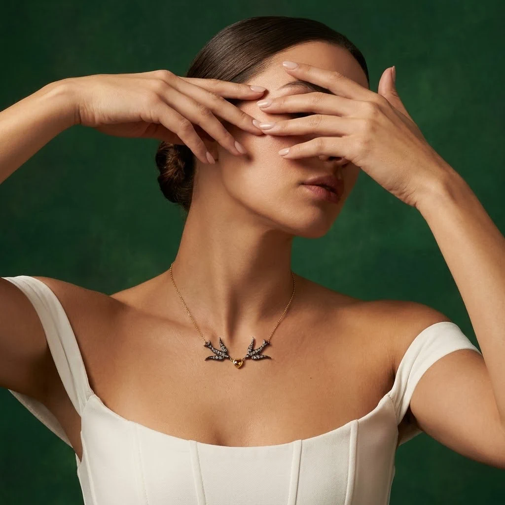 A model wearing a one-of-a-kind diamond swallow necklace, custom designed at the Prins and Prins atelier