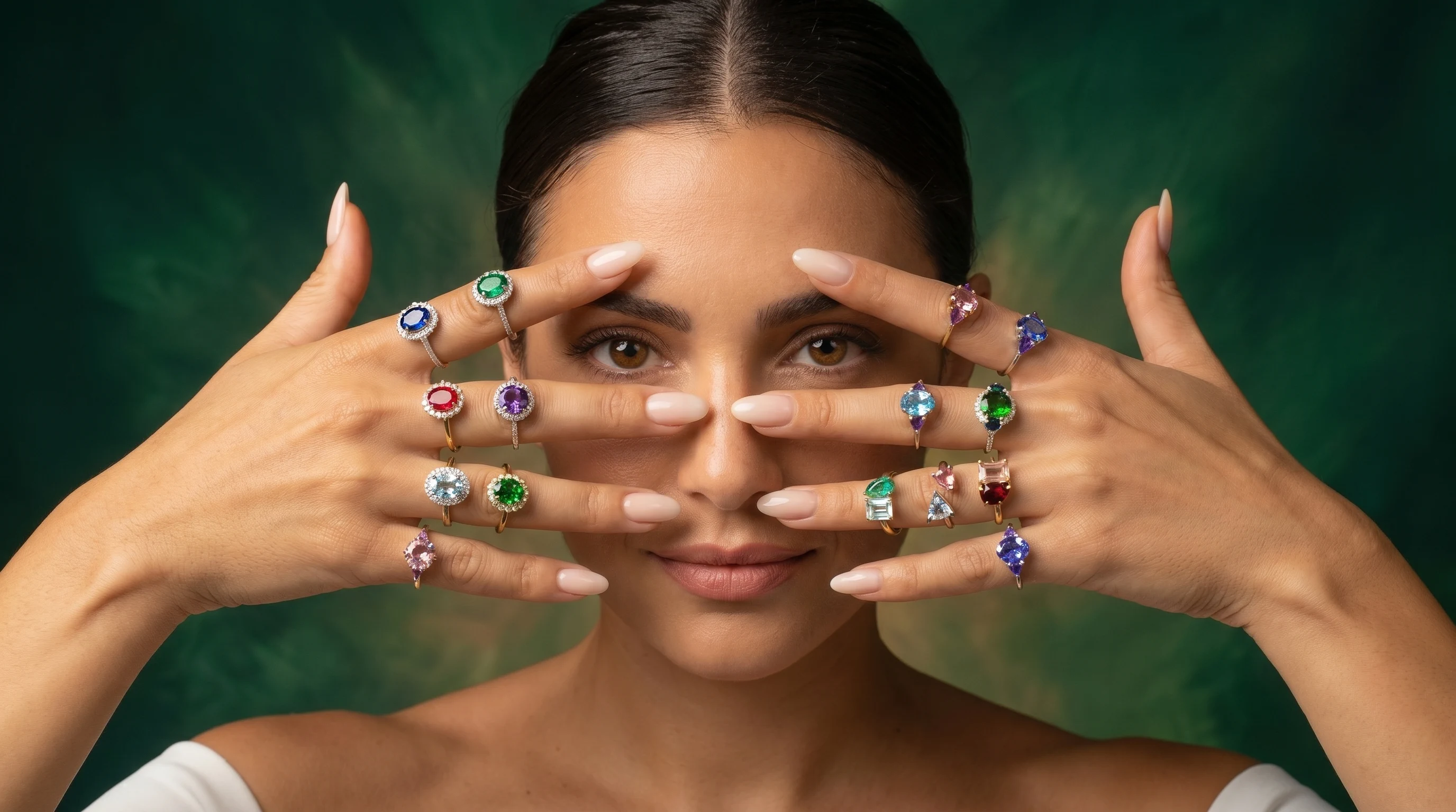 A model holding up both hands set with twelve rings featuring sapphire, emerald, ruby, amethyst, aquamarine and tanzanite from the Prins and Prins coloured stone collection