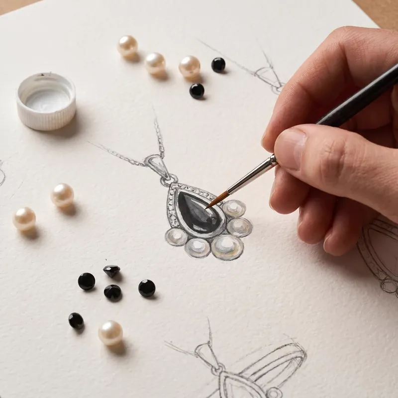 A Prins and Prins designer painting a jewellery rendering by hand, with loose pearls and stones laid out alongside