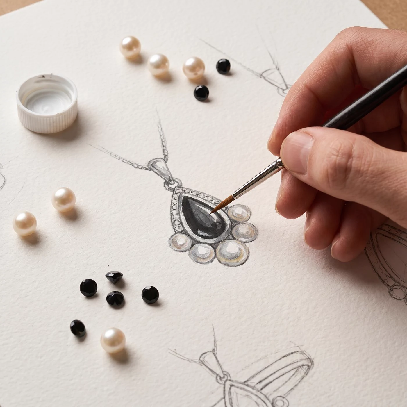 A Prins and Prins designer painting a jewellery rendering by hand, with loose pearls and stones laid out alongside
