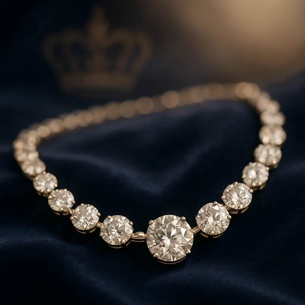 Close-up of a diamond necklace with large brilliant-cut diamonds displayed on royal blue velvet, evoking royal elegance and South Africa’s diamond heritage.