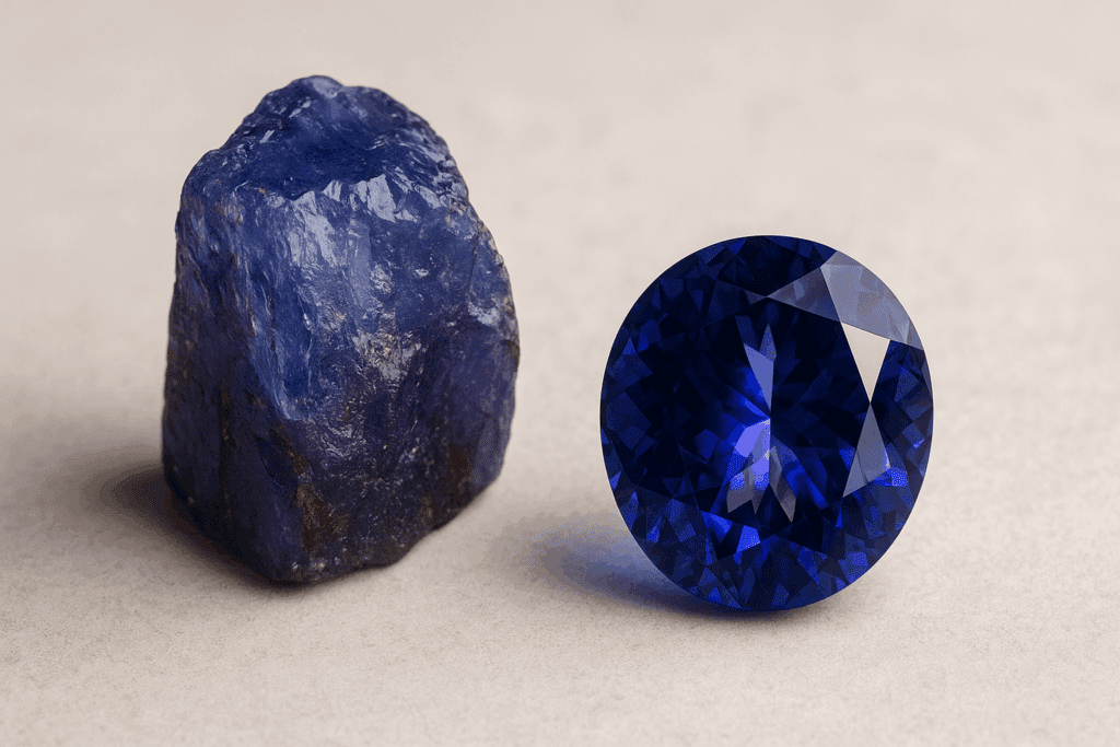 A high-resolution close-up of a raw Tanzanite crystal next to a polished, faceted Tanzanite gemstone on a soft beige surface, showcasing the transformation from rough stone to refined jewel with vivid blue and violet hues.