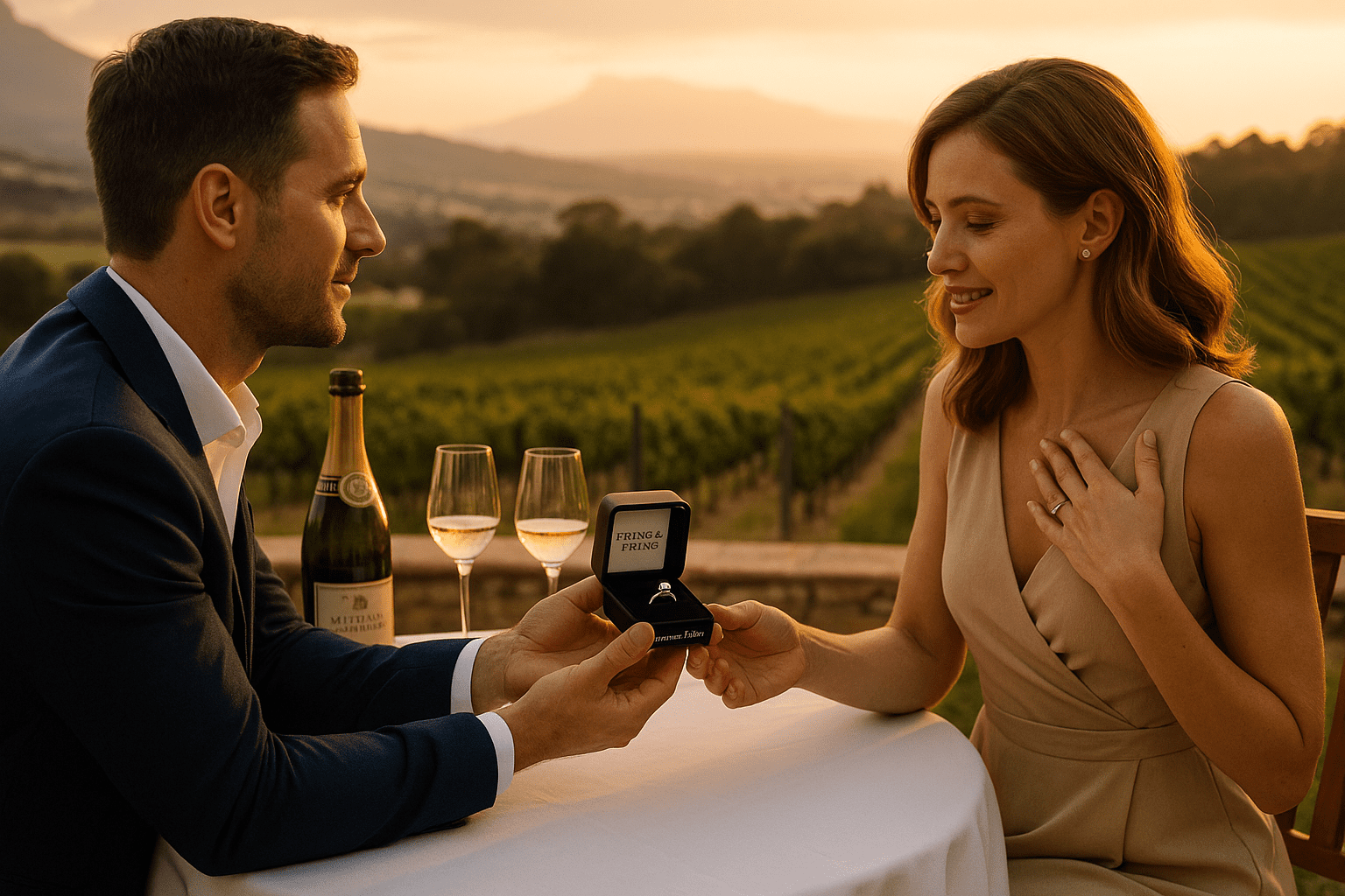 A romantic vineyard proposal at sunset, with a man in a navy suit holding open a Prins & Prins ring box across a table to his partner, who looks touched and surprised as they sit surrounded by wine glasses, a bottle of sparkling wine, and rolling Cape Winelands hills in the background.
