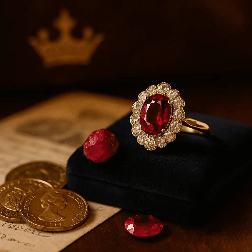 A luxurious ruby and diamond statement ring displayed on a velvet cushion beside antique gold coins and a royal crest, evoking wealth, power, and regal heritage.