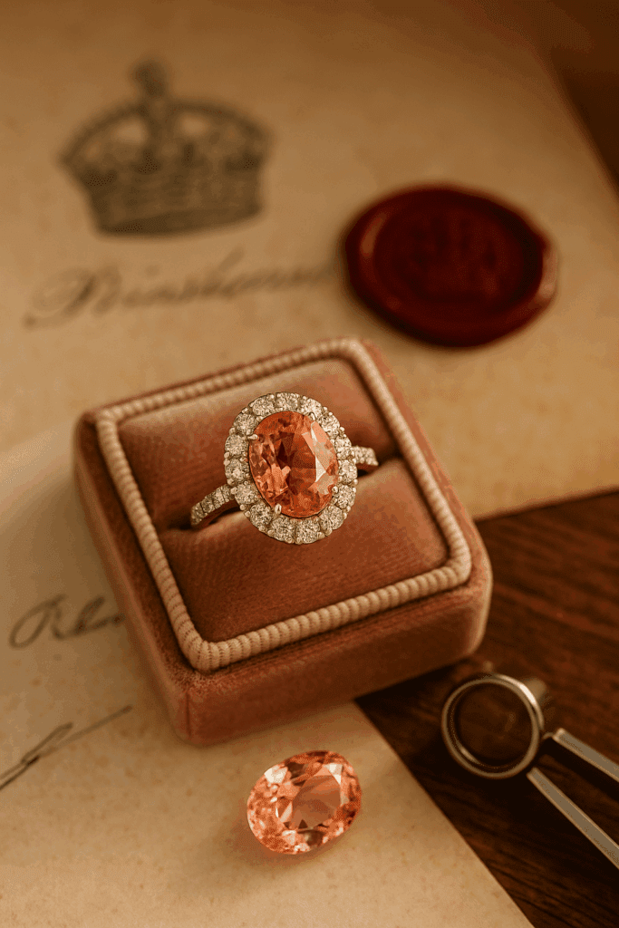 A close-up photograph of an elegant Padparadscha sapphire ring with a diamond halo, displayed in a vintage velvet ring box. The scene includes antique parchment paper and a wax seal in the background, evoking a regal and romantic ambiance.
