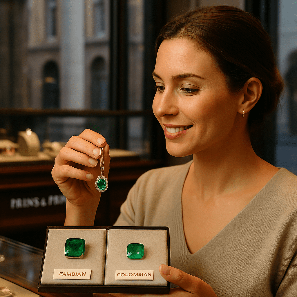 A woman in the Prins & Prins showroom admires an emerald pendant under warm lighting, with glass display cases and a subtle view of Cape Town architecture through the window creating a luxurious, elegant atmosphere.