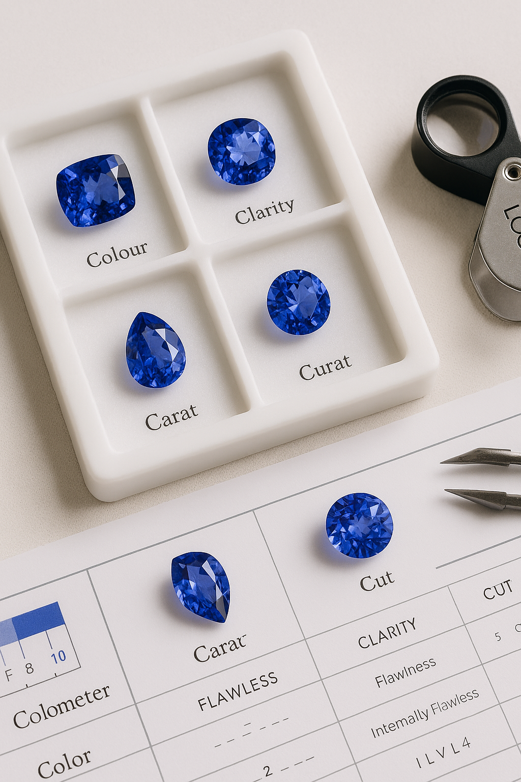 A flat-lay photograph showcasing four loose Tanzanite gemstones neatly arranged on a white gem grading tray, each labelled with Colour, Clarity, Cut, and Carat. A jeweller’s loupe and grading chart are placed beside the stones, creating an elegant and educational presentation.