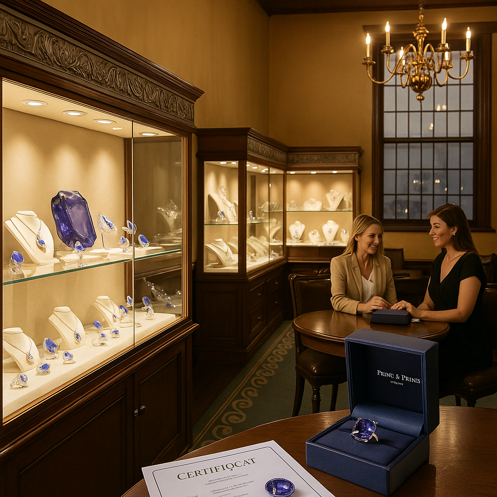 two women sitting at a table with a jewelry display case