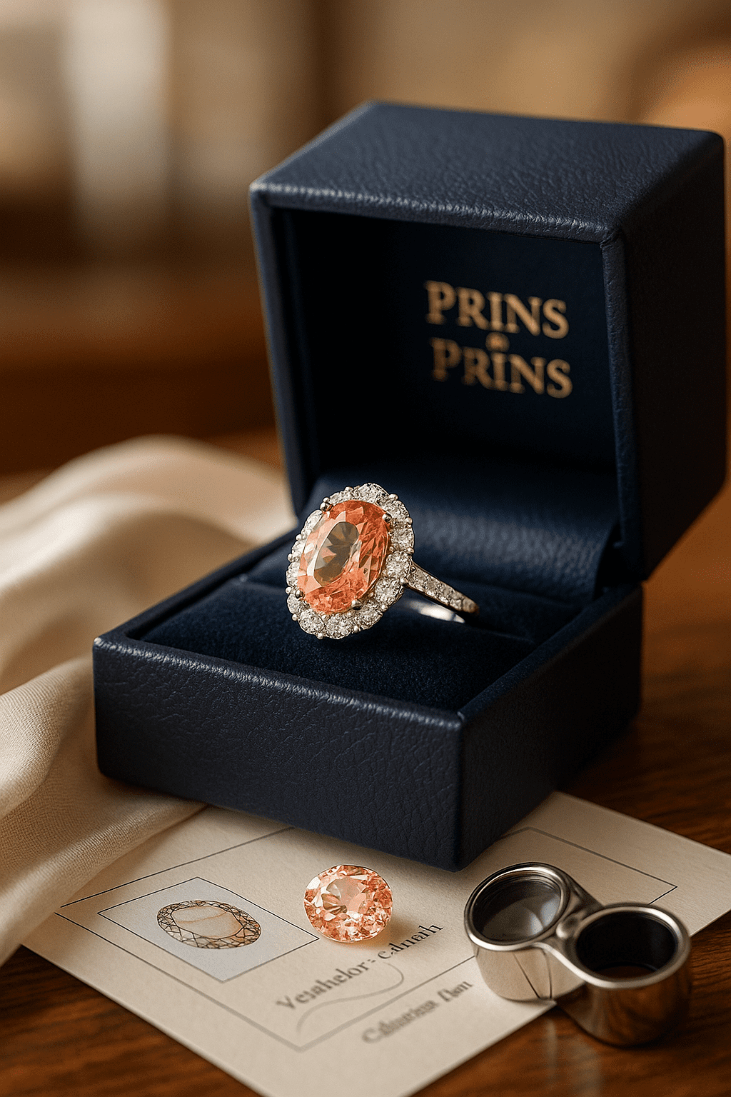 A high-resolution thumbnail image featuring an elegant Padparadscha sapphire and diamond ring in a navy Prins & Prins jewellery box, displayed on a polished wood surface. The salmon-pink sapphire gleams under soft lighting, with a blurred background suggesting a luxurious showroom setting.