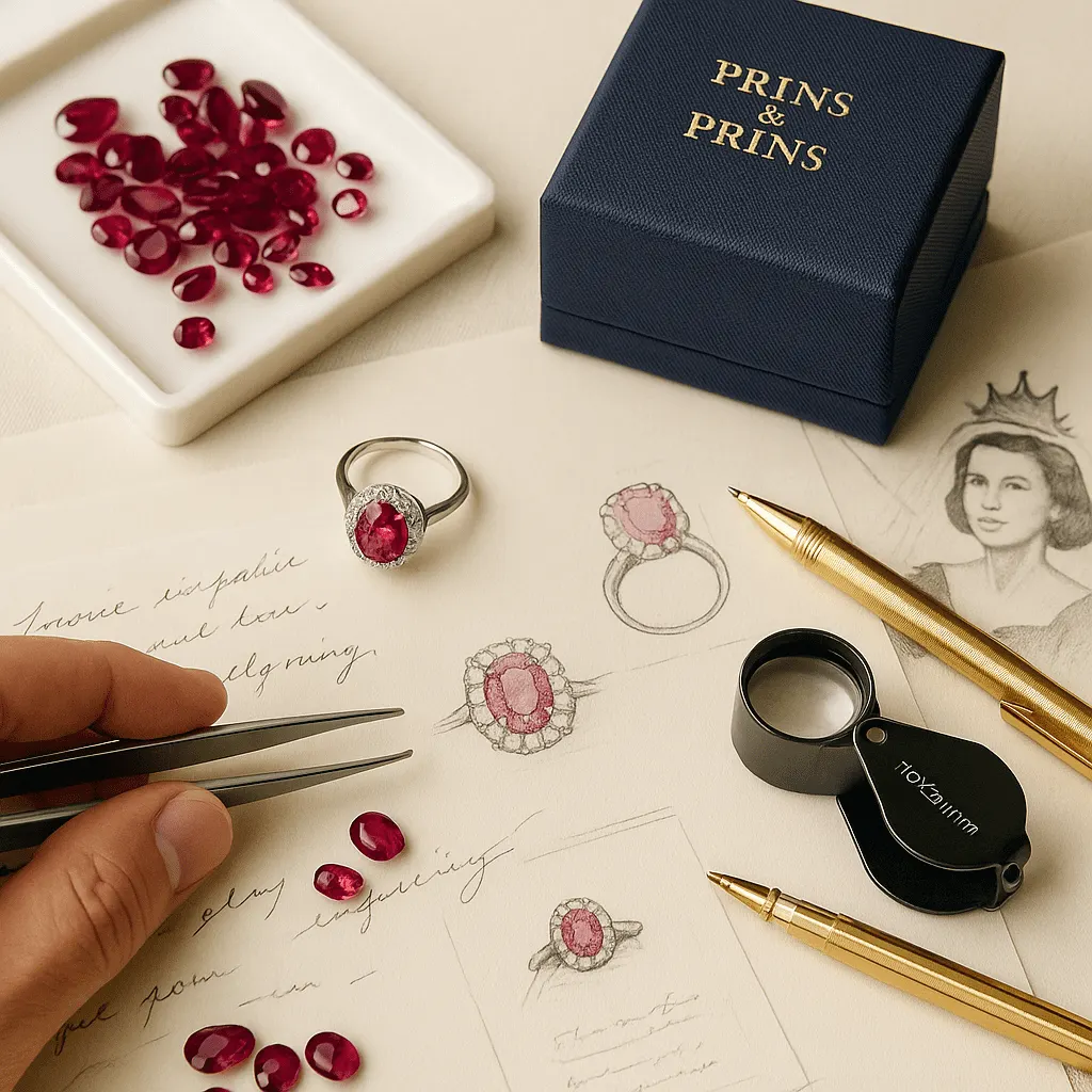 A detailed photograph captures a jeweller’s workspace at Prins & Prins, featuring loose rubies, design sketches, precision tools, and a partially completed ruby ring beside a signature navy blue jewellery box, symbolising artisanal craftsmanship and luxury.