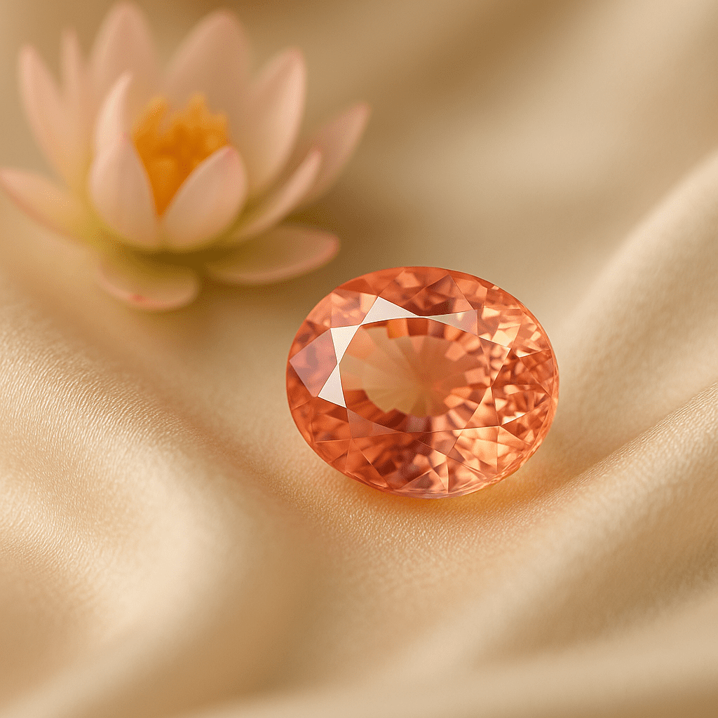 A macro photograph showcases an oval-cut Padparadscha sapphire with a delicate blend of pink and orange hues, resting on ivory silk. A soft-focus lotus flower is positioned nearby, symbolising the gem’s poetic name origin. Warm, diffused lighting enhances the gemstone’s rare coloration, creating a luxurious and serene visual.