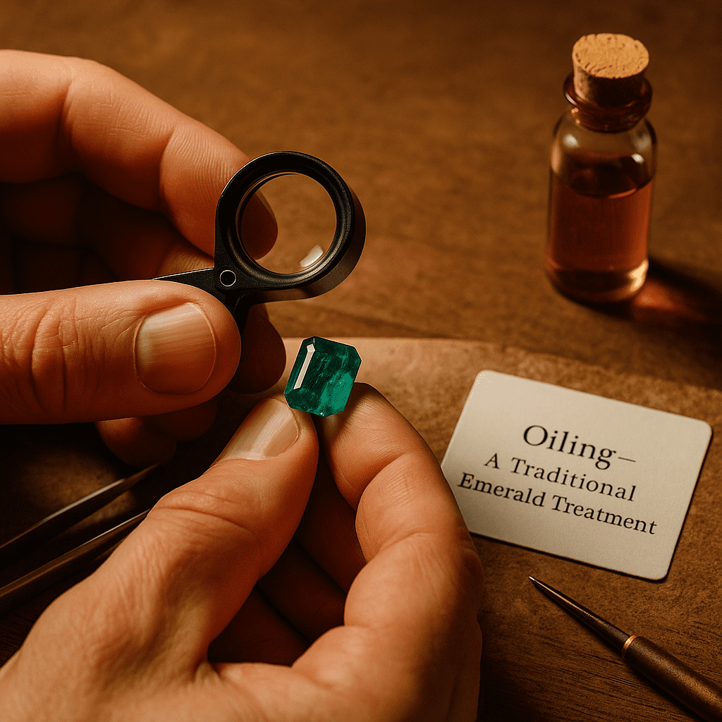 A jeweller’s hands hold a vivid green emerald under a loupe on a wooden workbench, with tweezers, a vial of cedarwood oil, and a small card reading “Oiling – A Traditional Emerald Treatment,” all softly lit to create a warm, educational tone.