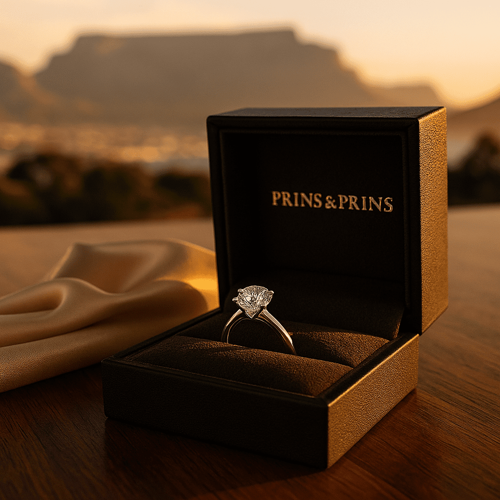 A close-up of a diamond engagement ring in a black Prins & Prins box on a polished wooden surface, with the diamond sparkling brilliantly as Table Mountain and the Cape Town skyline appear softly blurred in the sunset background.