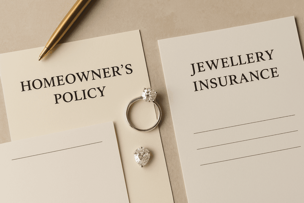 A flat-lay image showing two policy documents on a beige surface: one titled “Homeowner’s Policy” and the other “Jewellery Insurance.” A sparkling diamond ring rests between them, with a gold pen in the corner, creating an elegant, informative composition.