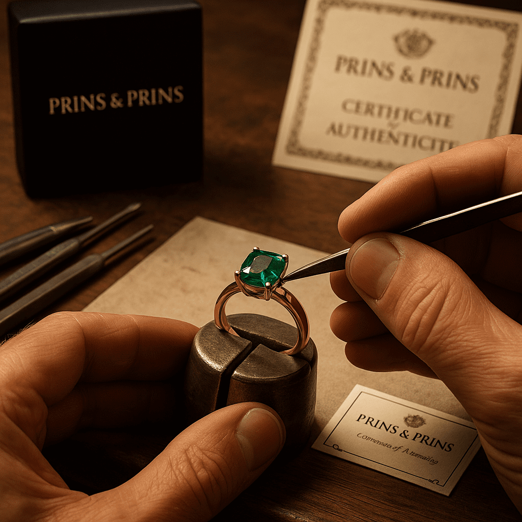 A close-up of a goldsmith’s hands setting a vivid green emerald into a gold ring at a workbench, with precision tools, a Prins & Prins jewellery box, and a certificate of authenticity visible in the softly lit background.