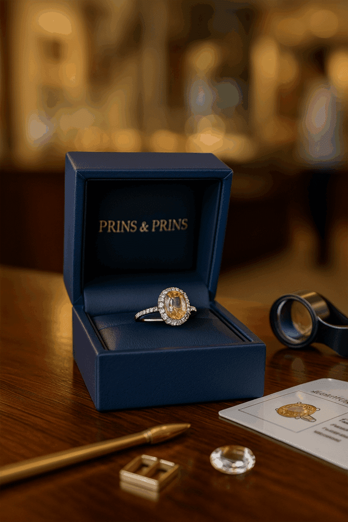 A Padparadscha sapphire and diamond ring displayed in an open navy Prins & Prins jewellery box on a polished wooden surface. In the softly blurred background, a Cape Town showroom interior and a jeweller consulting with a client convey luxury service and exclusivity.