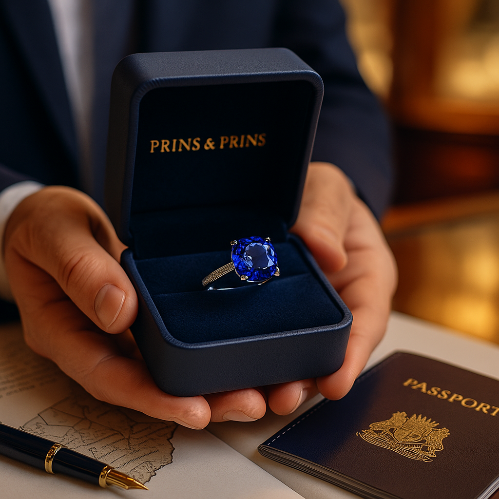 a person holding a box with a blue ring in it