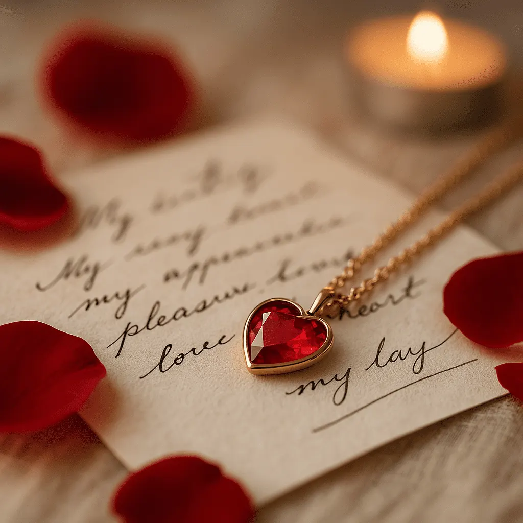 A ruby heart pendant necklace resting on a handwritten love letter with scattered rose petals on ivory linen, softly lit by candlelight, symbolising passion and romance.
