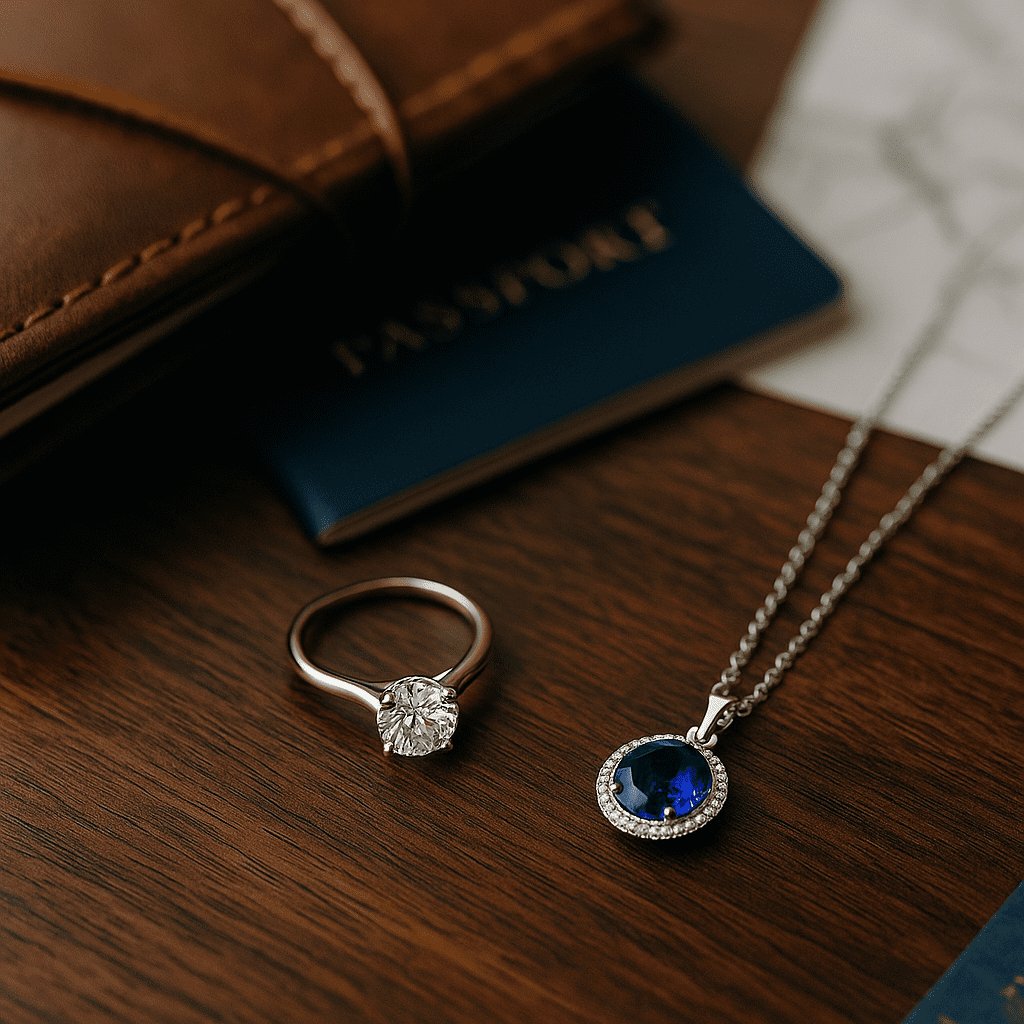 A diamond engagement ring and a tanzanite pendant necklace rest on a rich wooden surface, with a leather travel journal, passport, and blurred map in the background, evoking a sense of luxury travel and keepsake jewellery.