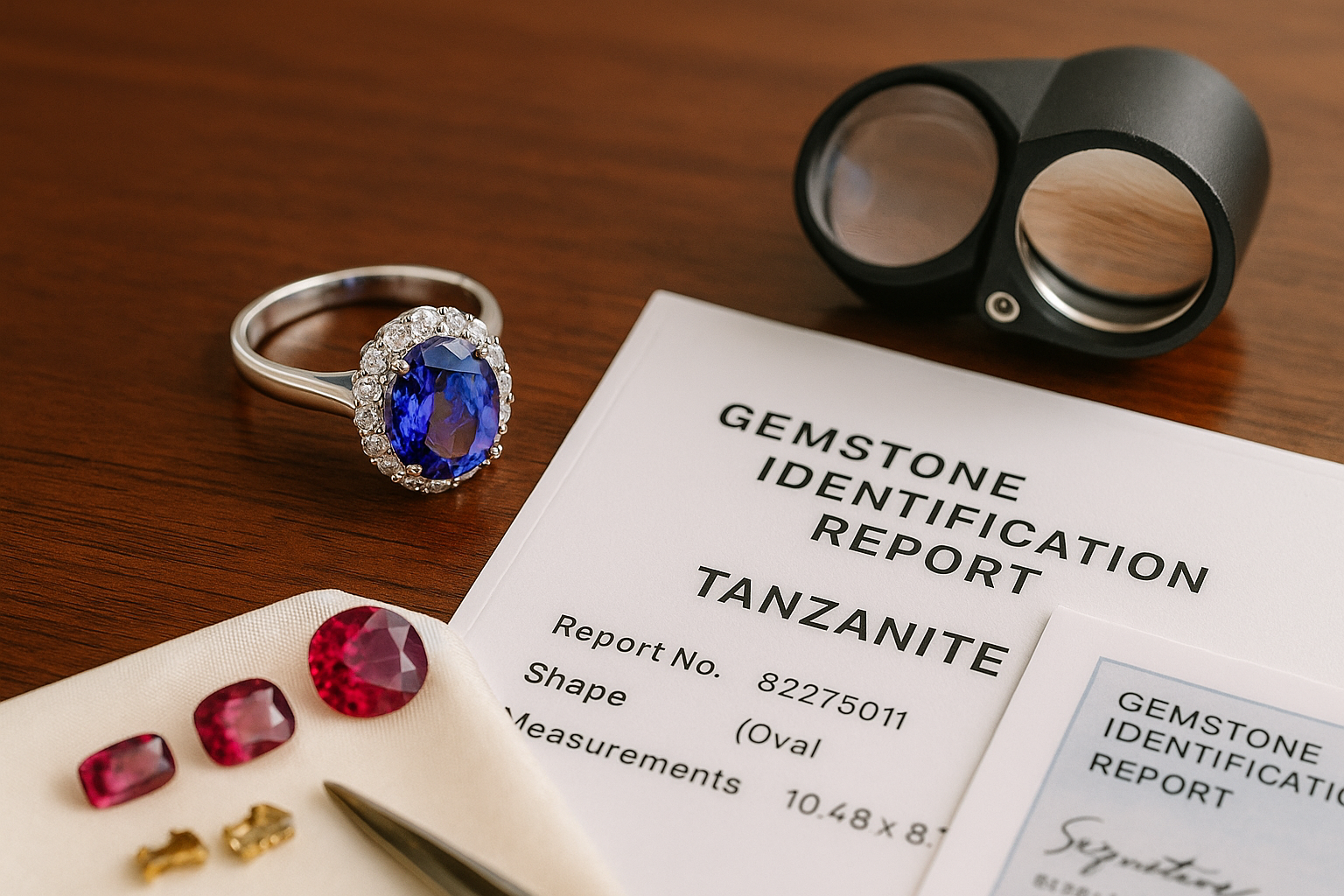 A close-up photograph of a Tanzanite gemstone ring placed beside an official gem certificate and a jeweller’s magnifying loupe on a polished wooden desk, symbolising certified luxury, authenticity, and expert gem evaluation.