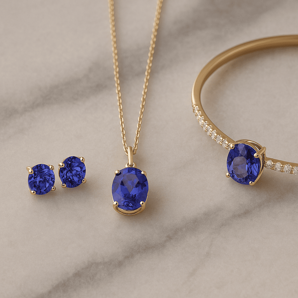 A high-resolution image of three Tanzanite jewellery pieces displayed on a marble surface: a pair of delicate stud earrings, a pendant necklace on a fine gold chain, and a slim bracelet with diamond accents, all glowing with vivid blue-violet Tanzanite stones.
