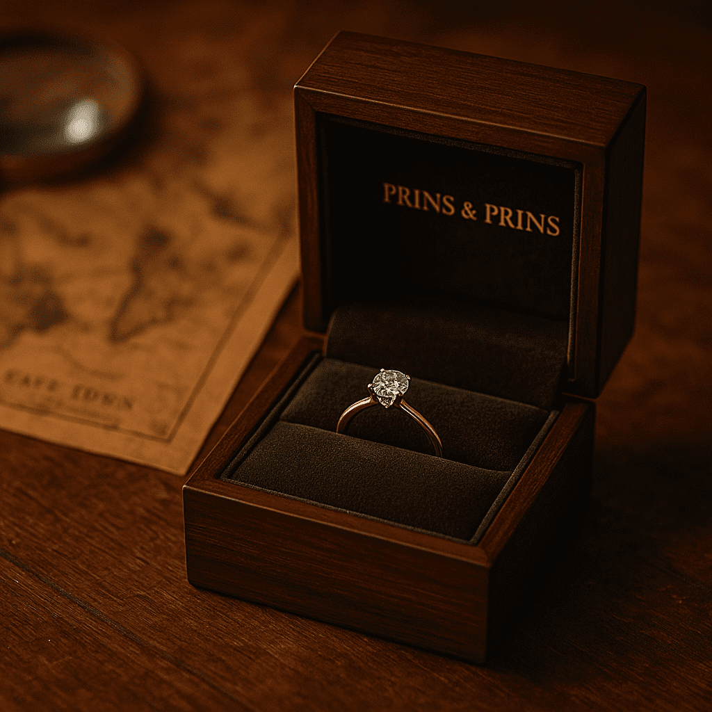 A Prins & Prins branded wooden ring box sits open on an antique wooden table, revealing a sparkling diamond engagement ring, with a blurred vintage map and magnifying glass in the background.